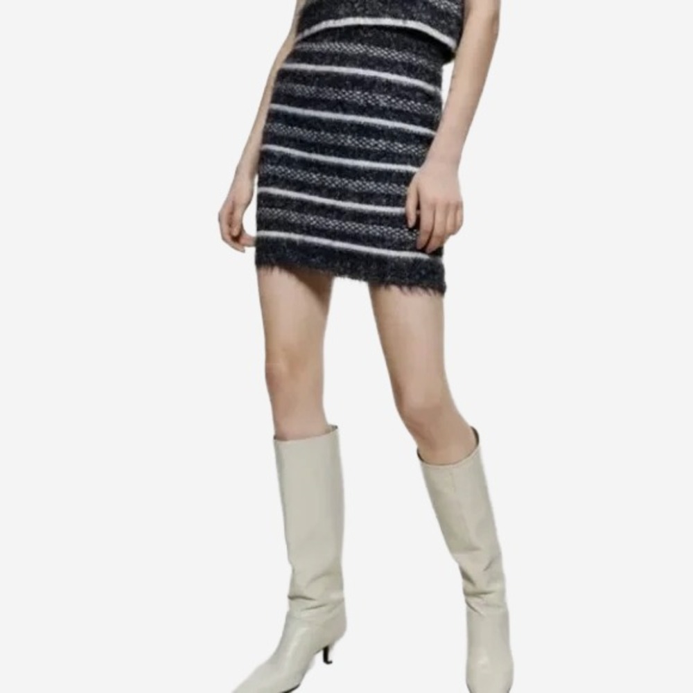 ZARA Faux Fur Striped Knit Mini‎ Skirt Medium Gray Silver Metallic Retro Stretch